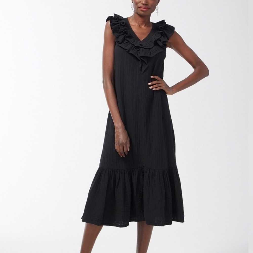 NWT Chico's Black Pleated Midi Sundress V-Neck Size 8